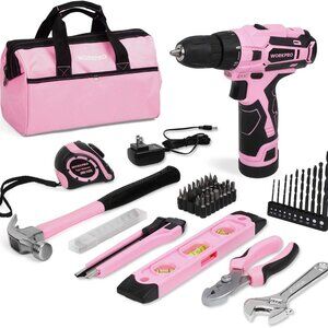 12V Pink Cordless Drill Driver and Home Tool Kit, Hand Tool Set for DIY
